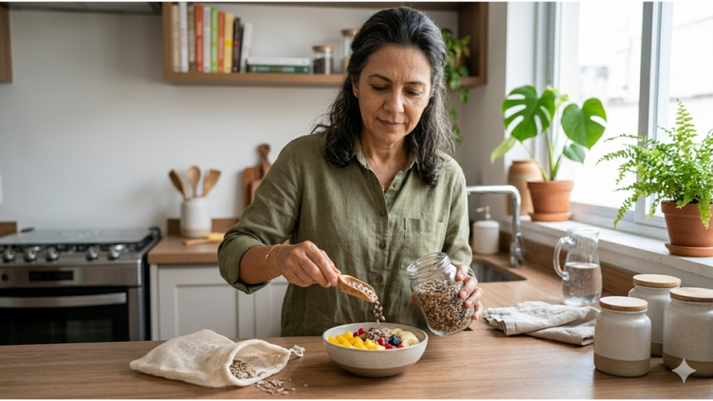 Mulher adicionando sementes à refeição, representando alimentação saudável no dia a dia
