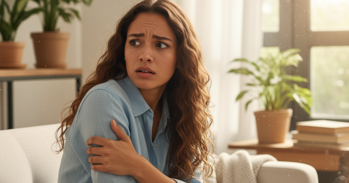 Mulher com expressão de alerta em ambiente tranquilo, representando ansiedade sem motivo real