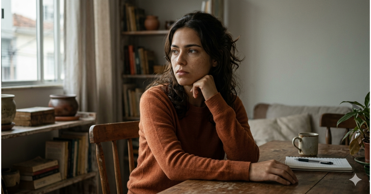 Mulher em momento de pausa e reflexão representando a conexão corpo e mente e a busca por clareza mental