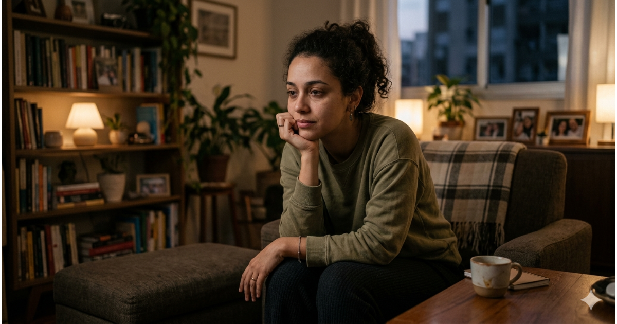 Mulher com cansaço emocional sentada em casa demonstrando exaustão física e sobrecarga mental