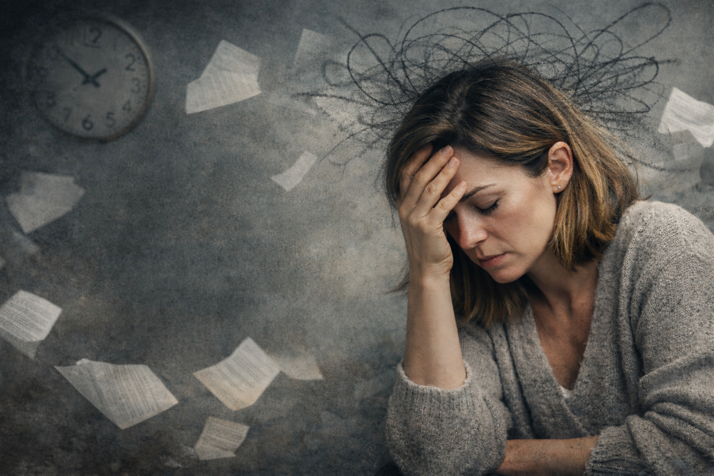 Mulher exausta com a mão na cabeça representando cansaço emocional e sobrecarga mental