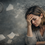 Mulher exausta com a mão na cabeça representando cansaço emocional e sobrecarga mental