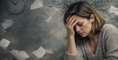 Mulher exausta com a mão na cabeça representando cansaço emocional e sobrecarga mental