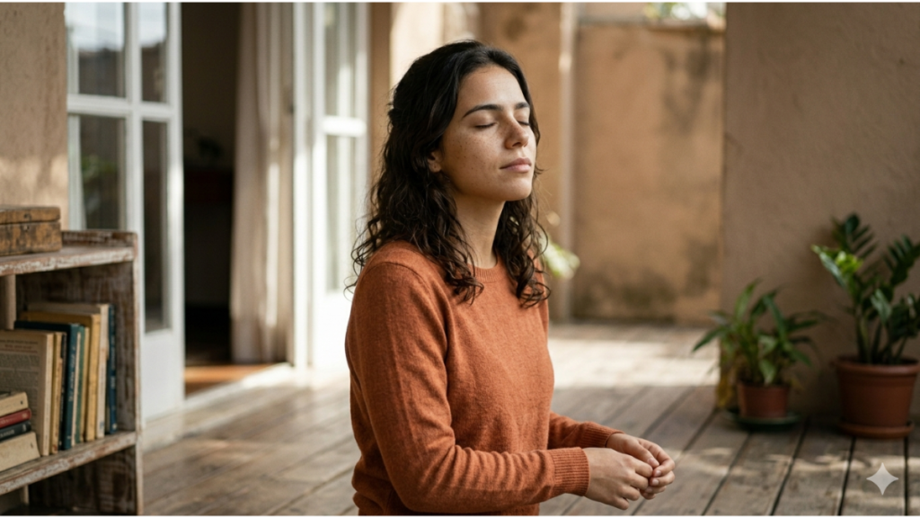 Mulher com expressão tranquila após movimento físico, representando clareza mental e equilíbrio