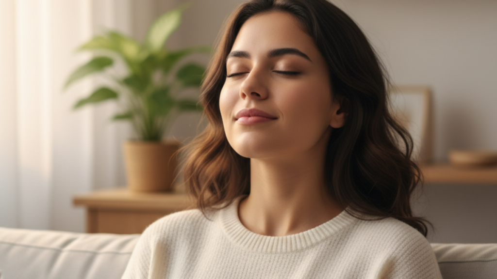 Mulher respirando com calma e expressão tranquila, representando controle e regulação da ansiedade