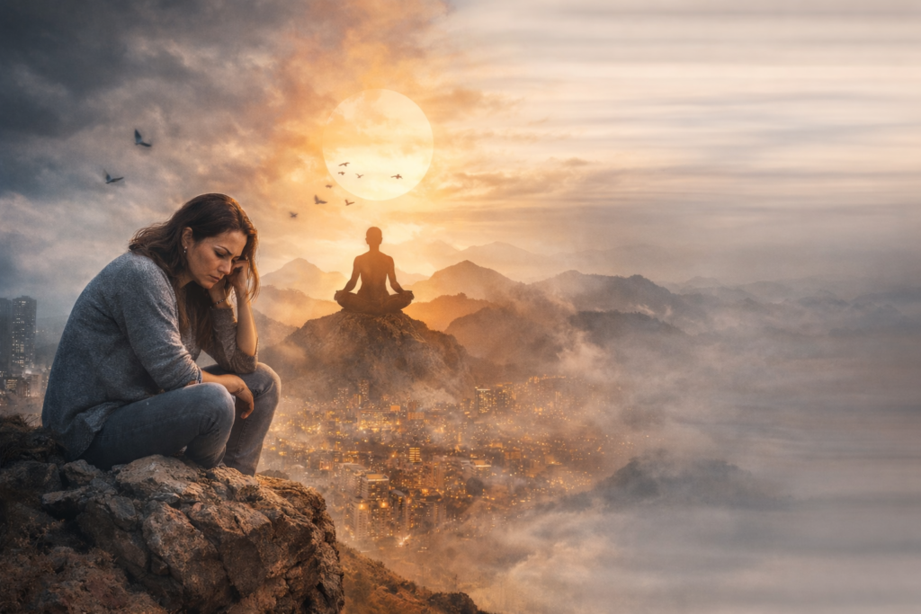 Pessoa sentada entre cidade tecnológica e natureza ao pôr do sol representando desconexão espiritual e ansiedade na vida moderna.