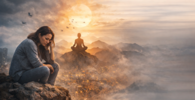 Pessoa sentada entre cidade tecnológica e natureza ao pôr do sol representando desconexão espiritual e ansiedade na vida moderna.