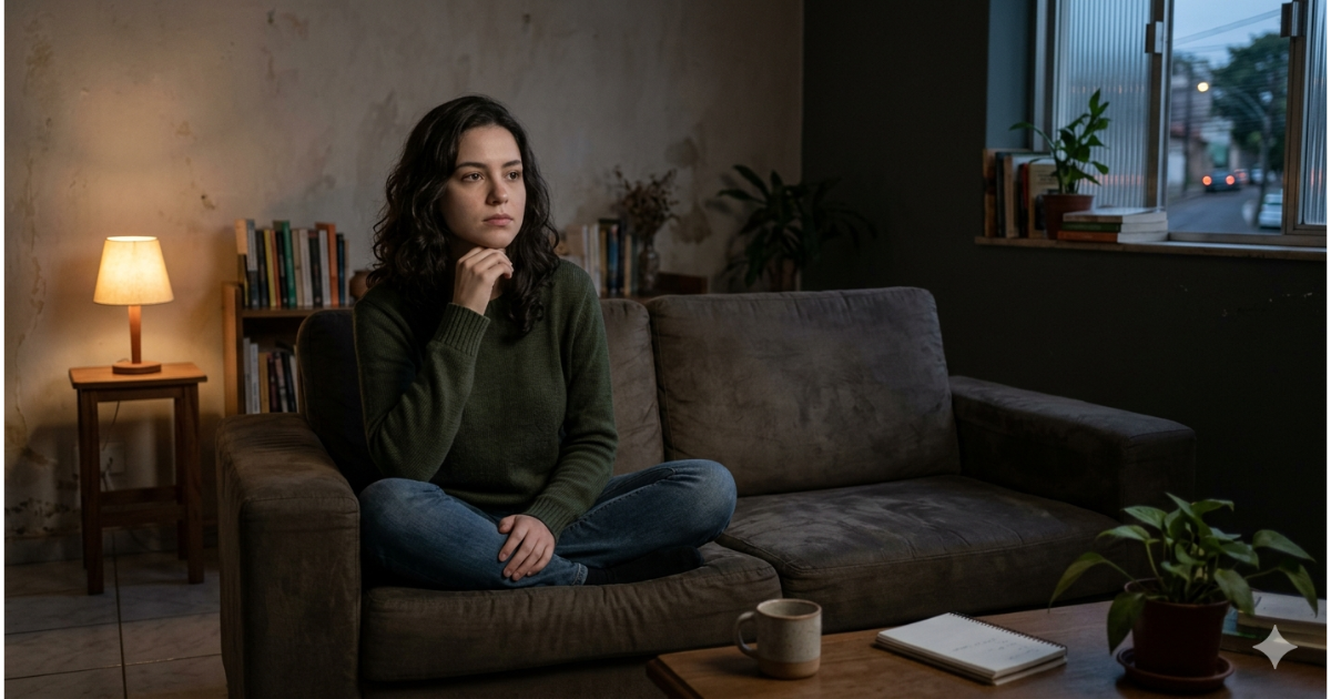 Mulher com expressão introspectiva em ambiente silencioso, representando desconexão espiritual e vazio interior