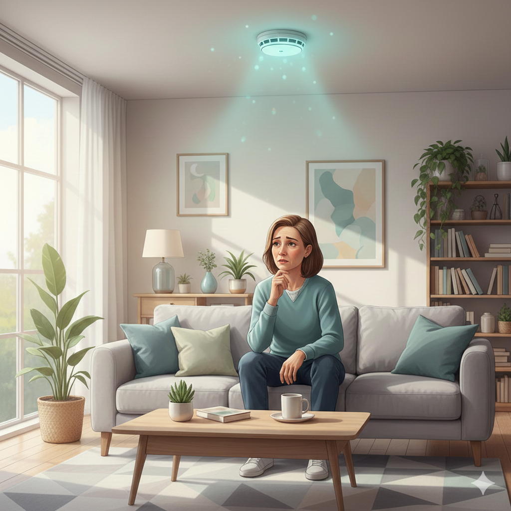 Gestão da ansiedade representada pela metáfora do detector de fumaça disparando sem perigo real em ambiente doméstico