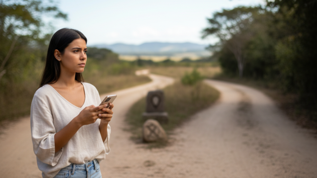 Mulher usando celular de forma automática, representando hábitos repetitivos e falta de atenção