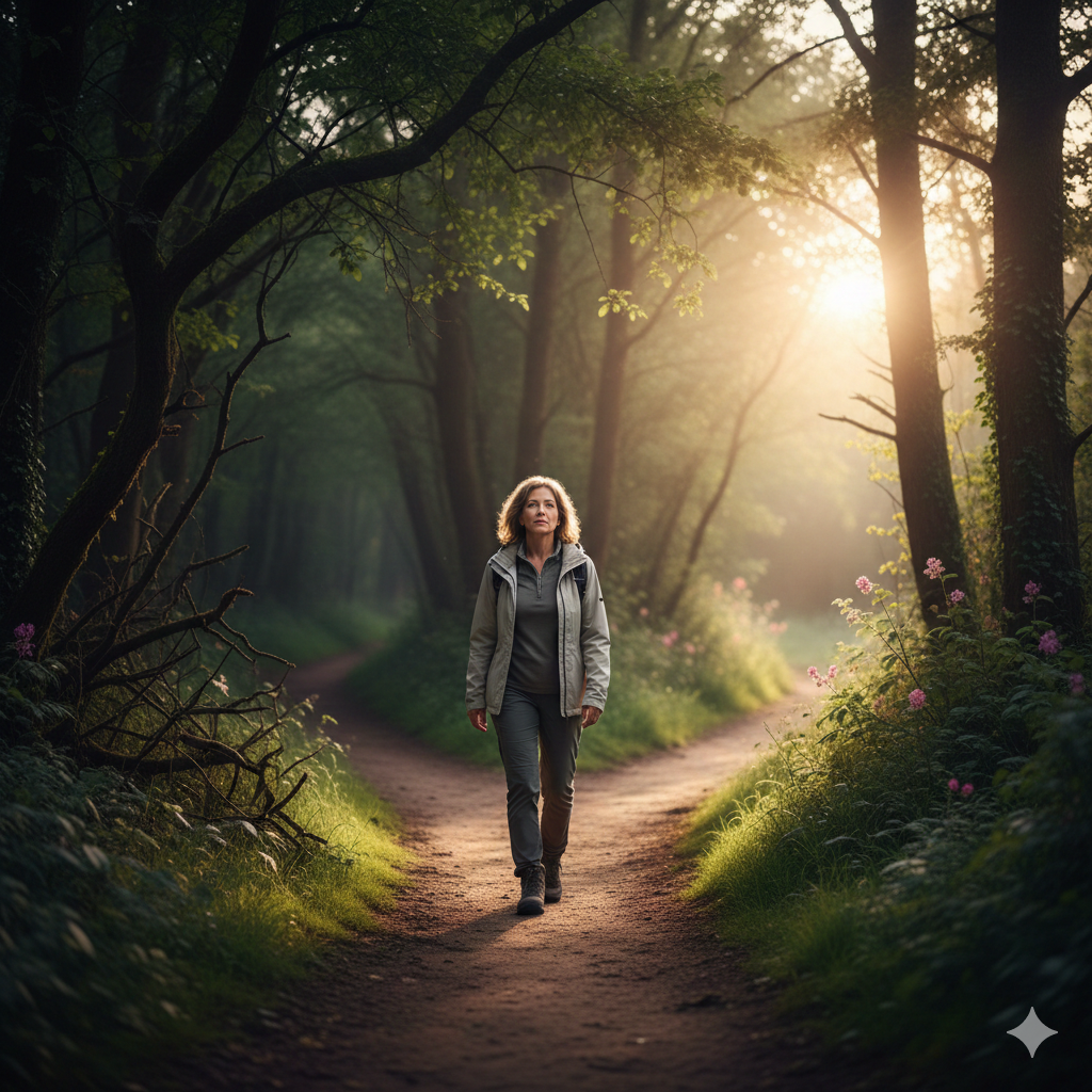 Pessoa caminhando em trilha dividida simbolizando mudança de hábitos e escolhas conscientes