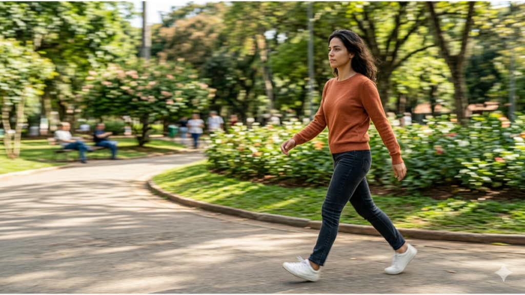 Mulher caminhando ao ar livre representando movimento do corpo para aliviar a mente