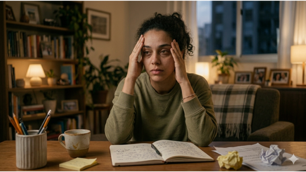Mulher com expressão de cansaço físico e mental, demonstrando sobrecarga emocional no dia a dia