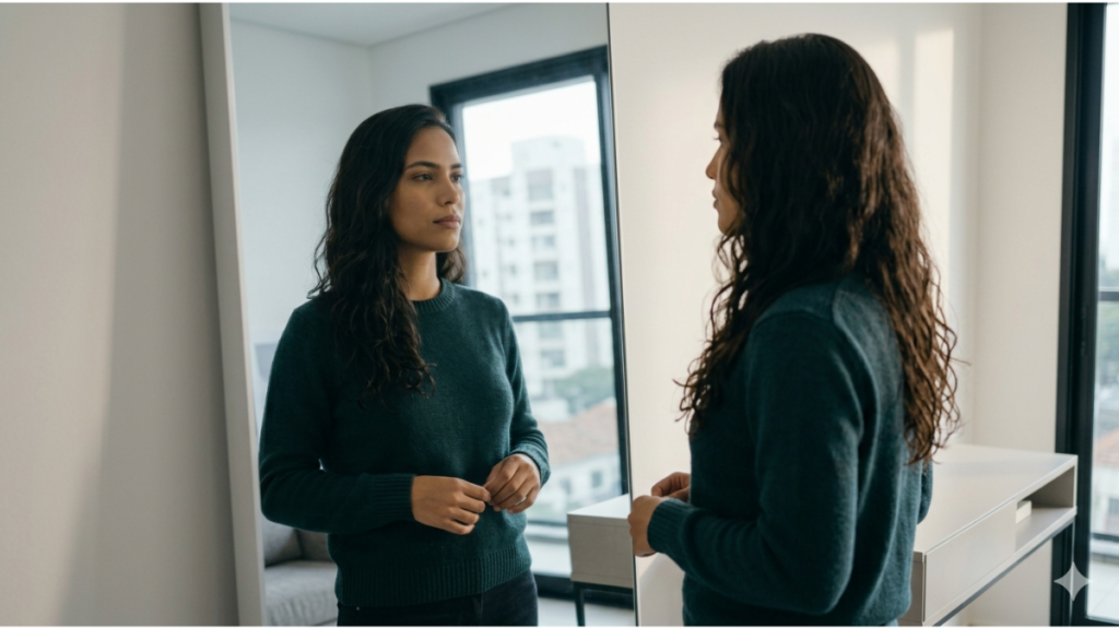 Mulher olhando para o espelho com expressão pensativa, representando desconexão emocional e vazio interno