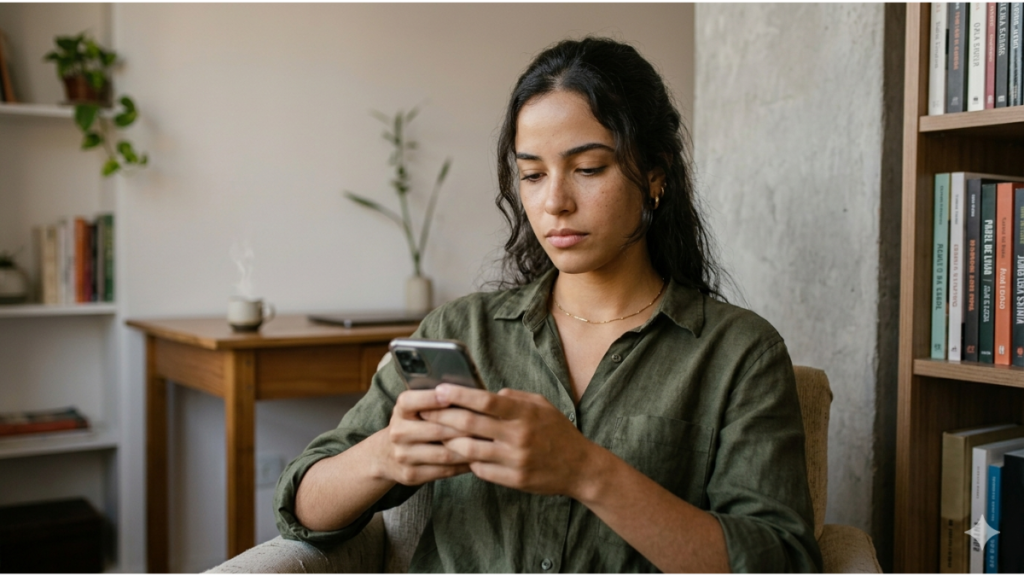 Mulher usando celular de forma distraída, representando falta de presença e uso automático do tempo