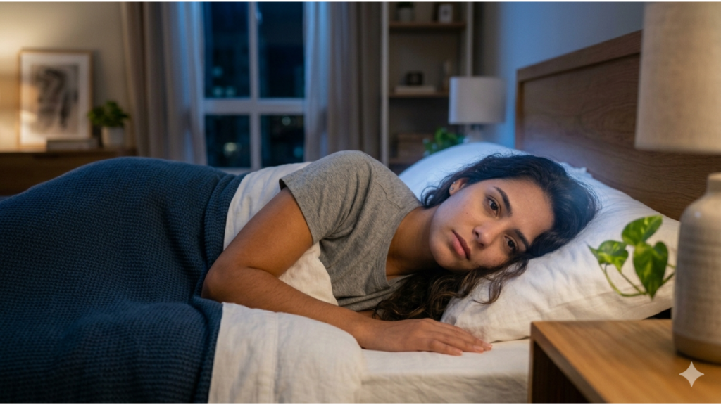 Mulher deitada acordada à noite com mente cansada e dificuldade para relaxar