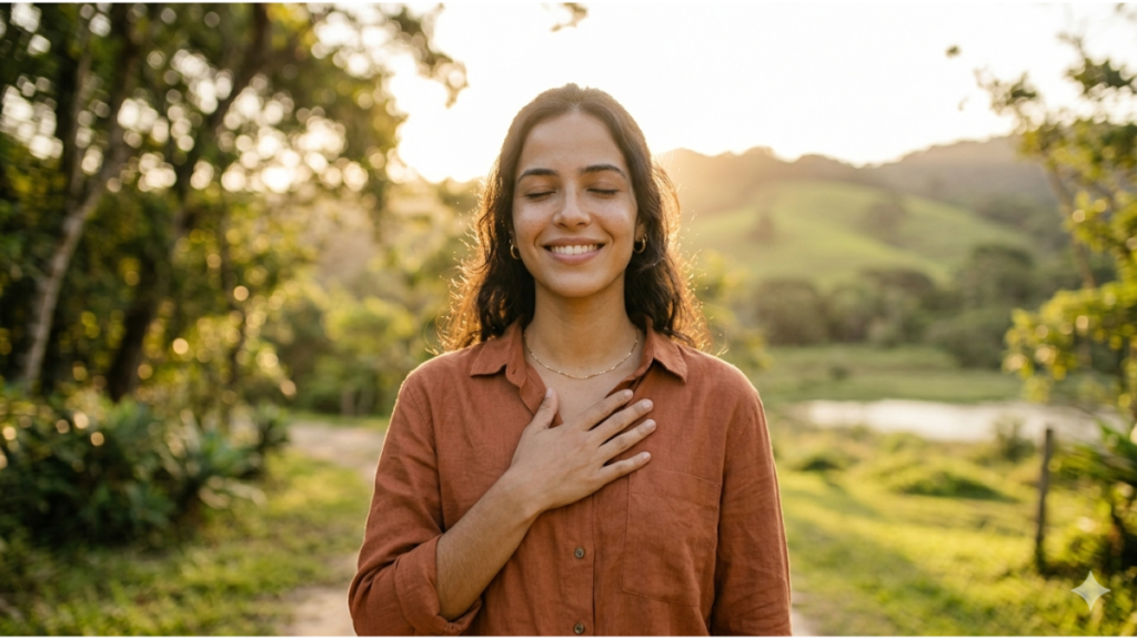 Mulher aproveitando o momento ao ar livre com expressão tranquila, representando presença e consciência
