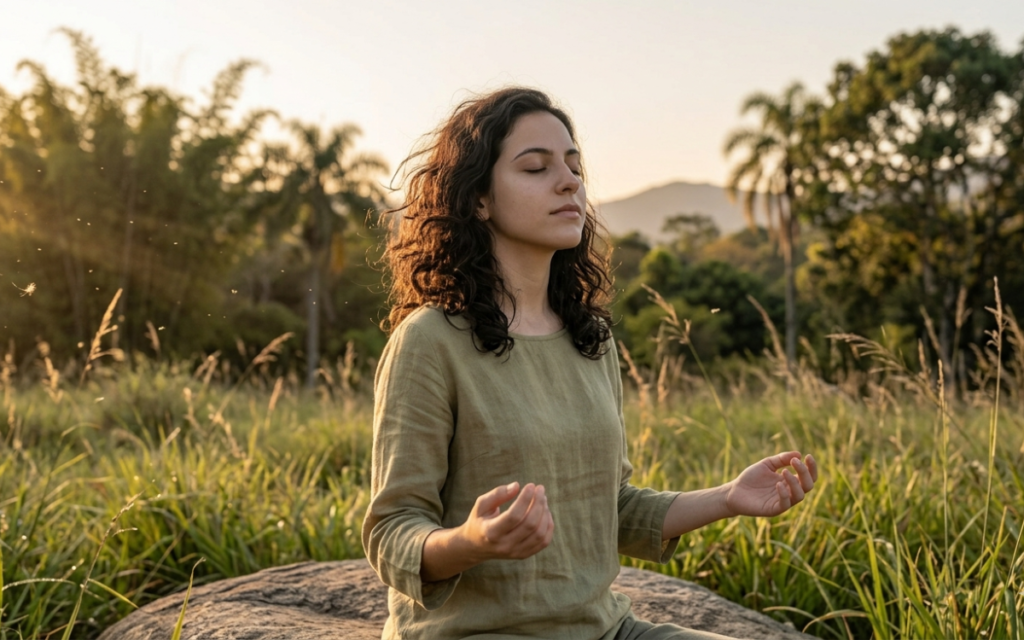 Mulher em contato com a natureza com expressão tranquila, representando reconexão interior e equilíbrio emocional