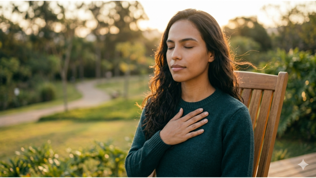 Mulher em momento de reconexão emocional ao ar livre, com expressão tranquila e introspectiva