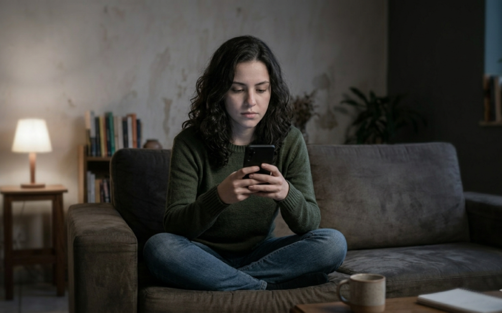 Mulher usando celular de forma distraída, demonstrando falta de presença e desconexão com o momento