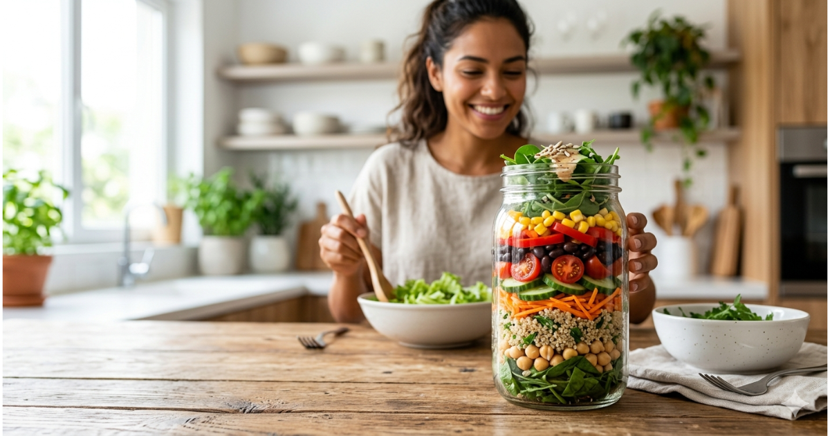 Salada no pote com ingredientes frescos sendo preparada por mulher em cozinha, representando alimentação saudável na rotina corrida