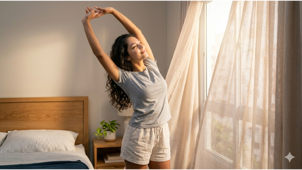 Mulher se alongando pela manhã com expressão leve, representando os benefícios do sono para a saúde mental