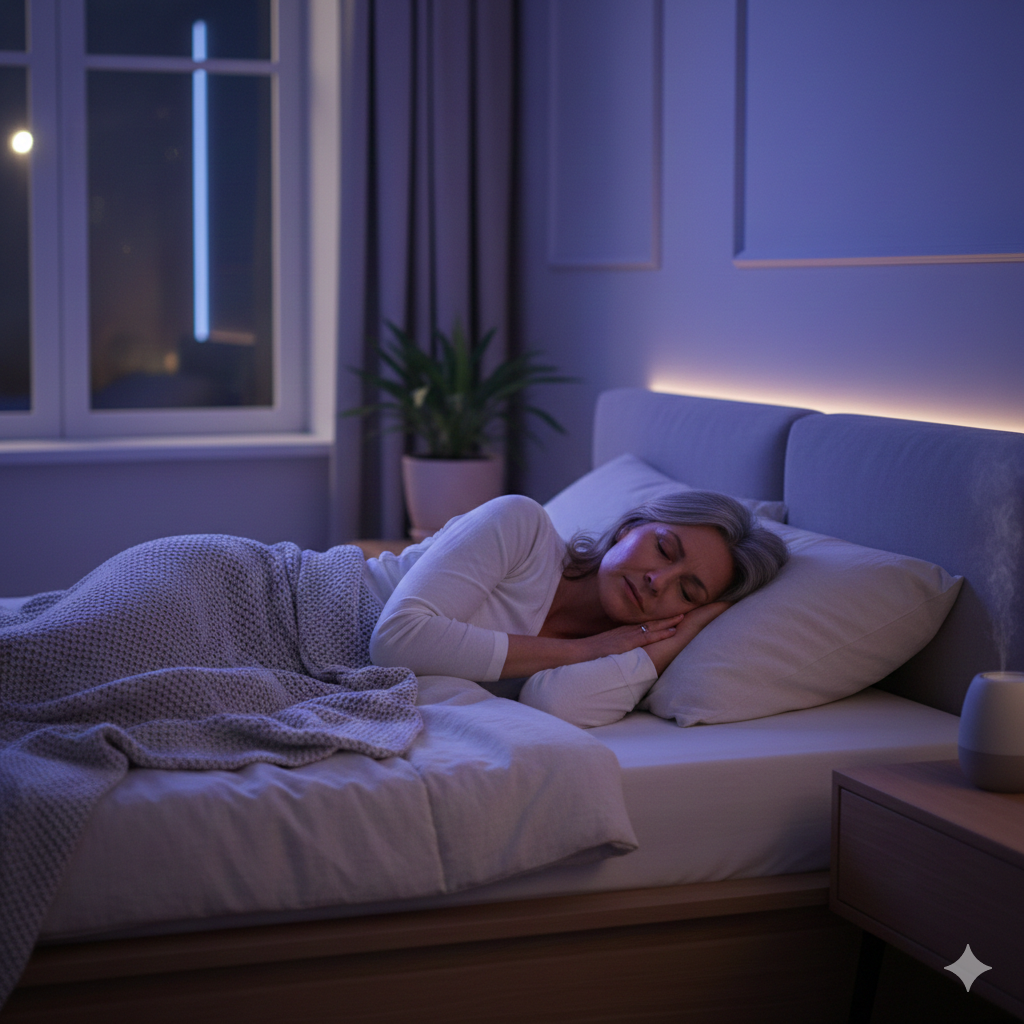 Importância do sono para saúde mental representada por pessoa dormindo tranquilamente em ambiente relaxante