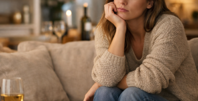 Mulher sentada em ambiente confortável com expressão introspectiva representando vazio interior e falta de propósito mesmo tendo estabilidade.