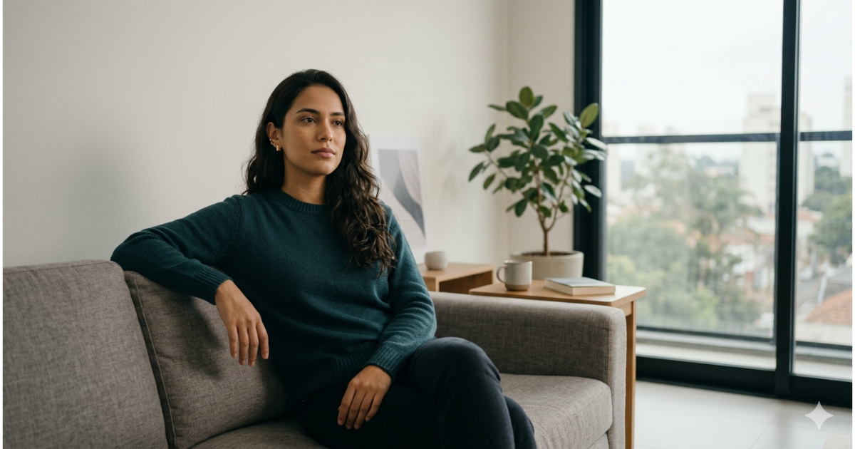 Mulher sentada sozinha com expressão vazia em casa, representando sensação de vazio interior mesmo tendo tudo