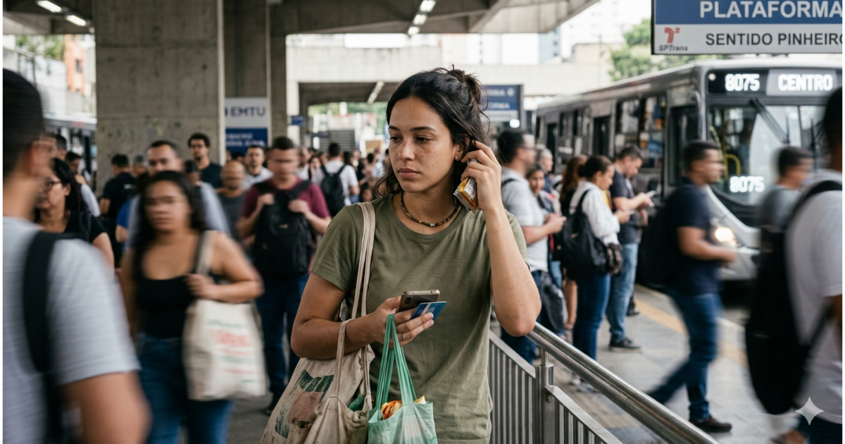 Mulher sobrecarregada no dia a dia demonstrando sinais de autoabandono e falta de prioridade pessoal