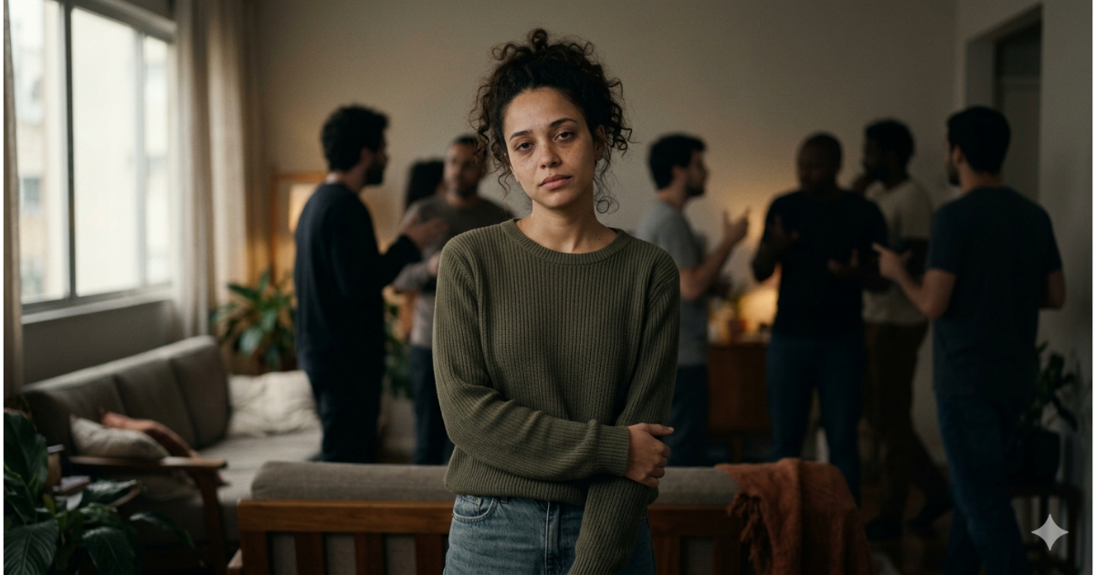 Mulher lidando com pressão emocional para se encaixar, demonstrando cansaço interno e sobrecarga emocional