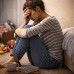 Mulher em momento de reflexão representando o autoabandono silencioso e a dificuldade de estabelecer limites emocionais.