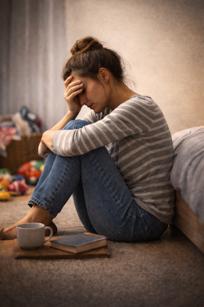Mulher em momento de reflexão representando o autoabandono silencioso e a dificuldade de estabelecer limites emocionais.