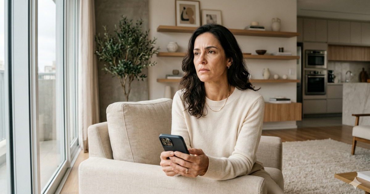 mulher com excesso de telas refletindo sobre detox digital e cansaço mental