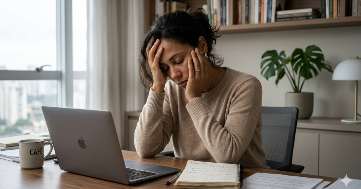 mulher com esgotamento mental demonstrando cansaço emocional e mente sobrecarregada