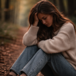 Mulher sentada sozinha em meio à natureza demonstrando exaustão emocional e cansaço mental causado pela pressão de se encaixar na sociedade