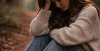Mulher sentada sozinha em meio à natureza demonstrando exaustão emocional e cansaço mental causado pela pressão de se encaixar na sociedade