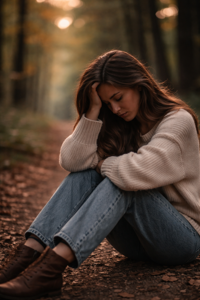 Mulher sentada sozinha em meio à natureza demonstrando exaustão emocional e cansaço mental causado pela pressão de se encaixar na sociedade