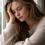 Mulher pensativa demonstrando sinais de exaustão emocional e cansaço mental