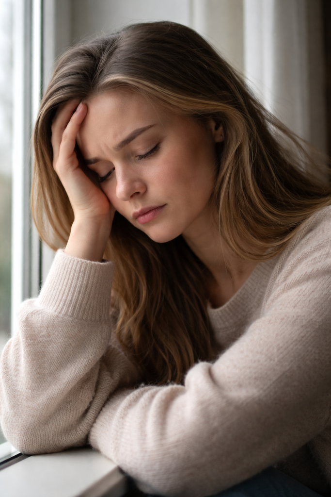 Mulher pensativa demonstrando sinais de exaustão emocional e cansaço mental
