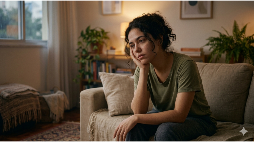 Mulher com cansaço emocional sentada no sofá, demonstrando sinais de sobrecarga mental e desgaste emocional