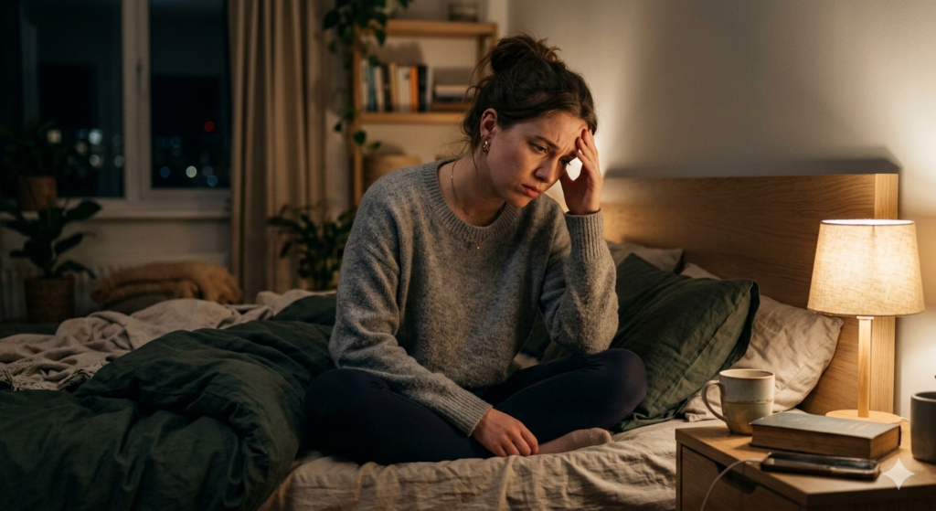 Mulher pensativa à noite representando sinais de ansiedade que passam despercebidos