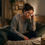 Mulher pensativa à noite representando sinais de ansiedade que passam despercebidos