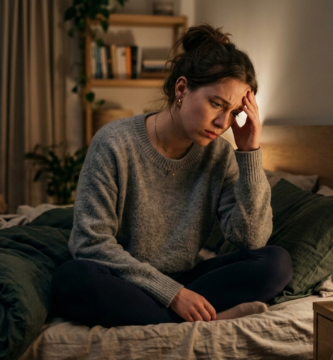 Mulher pensativa à noite representando sinais de ansiedade que passam despercebidos