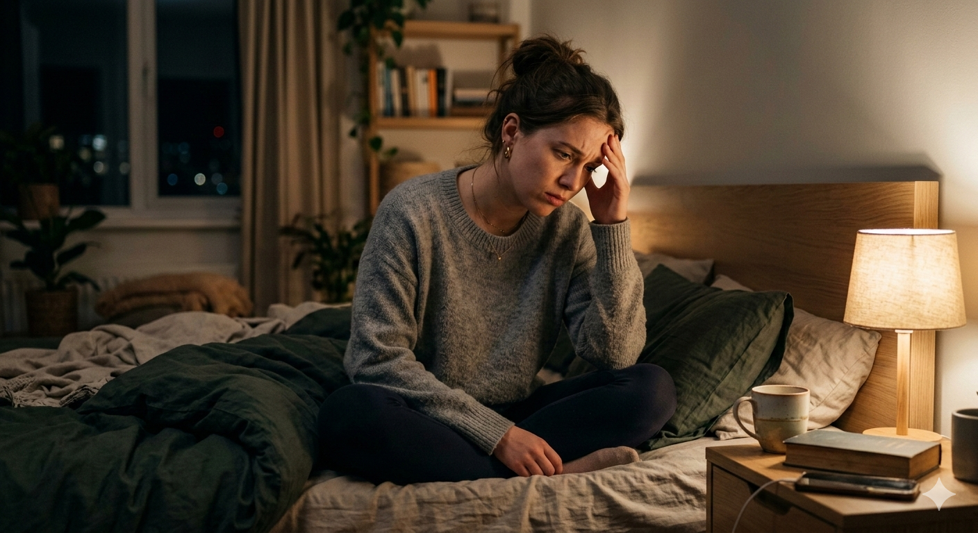 Mulher pensativa à noite representando sinais de ansiedade que passam despercebidos