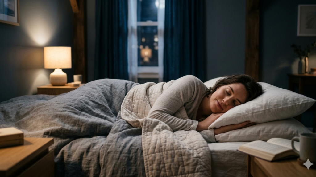 Imagem representando uma mulher relaxando antes de dormir em um ambiente tranquilo. A cena ilustra práticas simples que ajudam a desacelerar a mente e reduzir pensamentos excessivos durante a noite.
