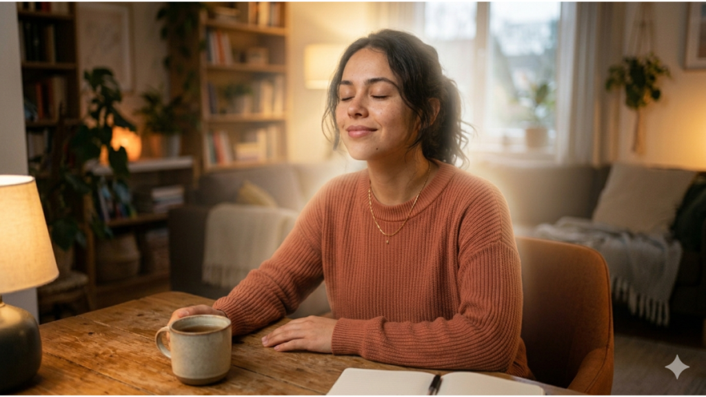 Mulher relaxando em casa com expressão tranquila, representando recuperação da energia mental e equilíbrio emocional
