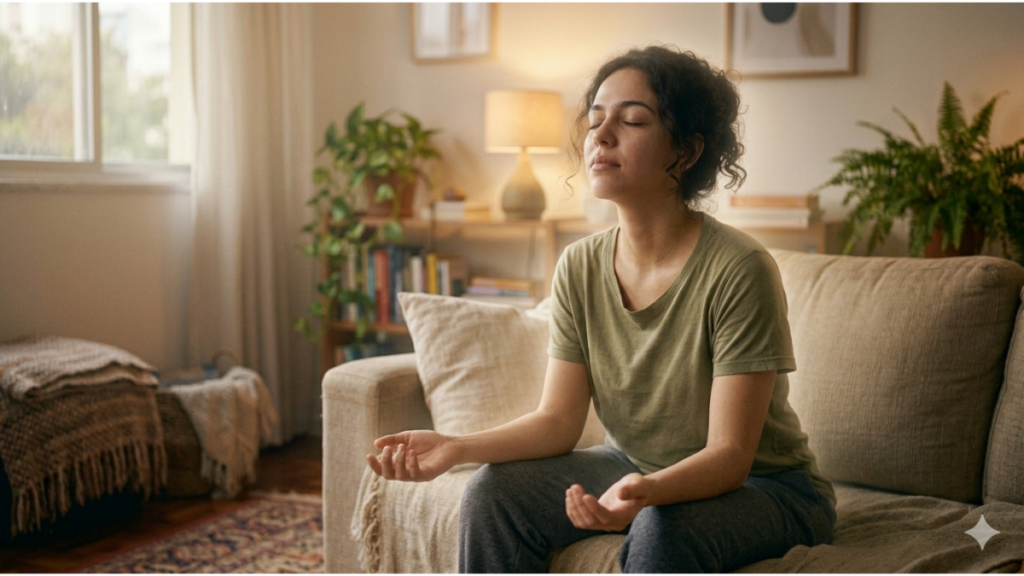 Mulher relaxando e recuperando o equilíbrio emocional com expressão calma e tranquila