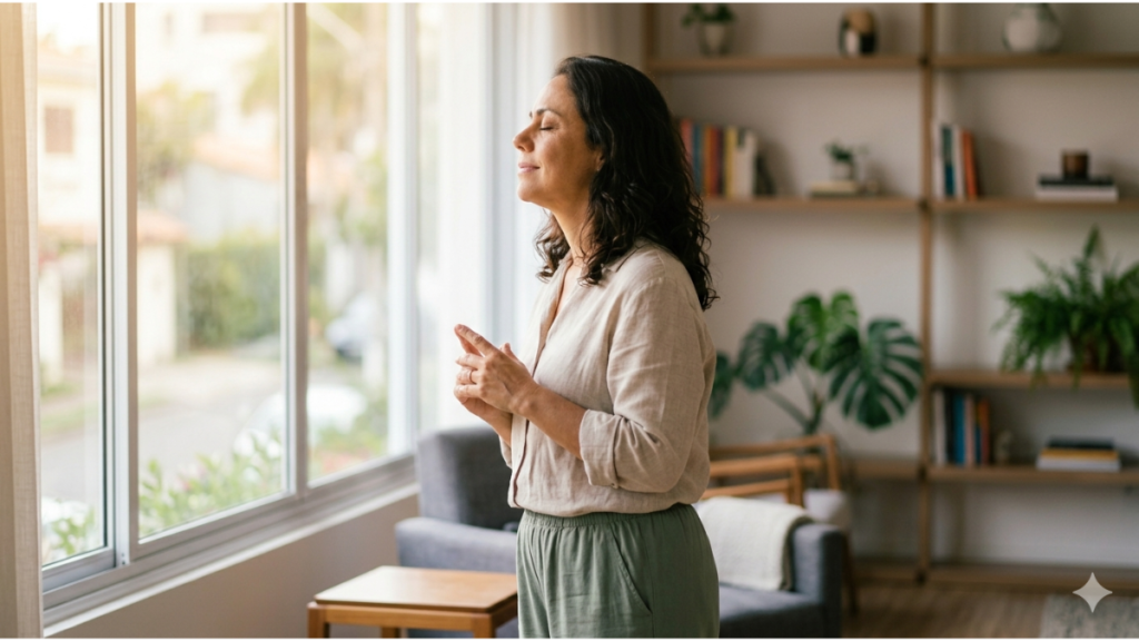 mulher fazendo pausa consciente para respirar e aprender como lidar com a ansiedade funcional