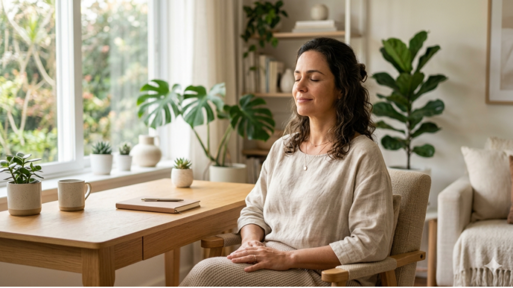 mulher fazendo pausa consciente para aliviar o esgotamento mental e acalmar a mente